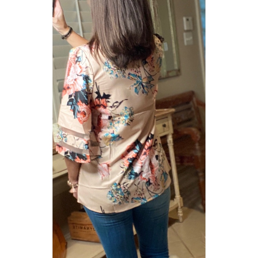 Floral Bell Flare Sleeve Boho Dressy Top 3920 - Picture 6 of 6